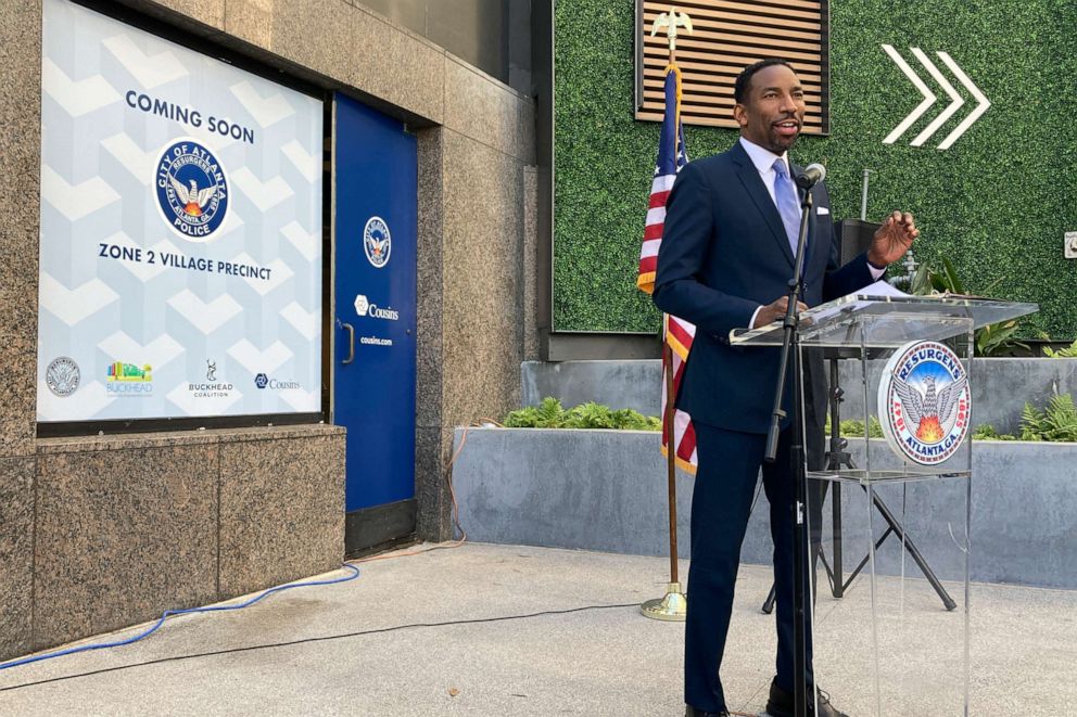 PHOTO: Atlanta Mayor Andre Dickens unveils a new police precinct in the Atlanta's Buckhead district Thursday, Jan. 13, 2022, as he tries to head off an effort to turn the wealthy, white enclave into its own city over concerns about a spike in crime.