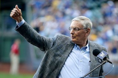 PHOTO: In this file photo, Bud Selig speaks to the crowd during a ceremony honoring the 1982 Milwaukee Brewers team before the game against the Philadelphia Phillies on July 15, 2017, in Milwaukee.