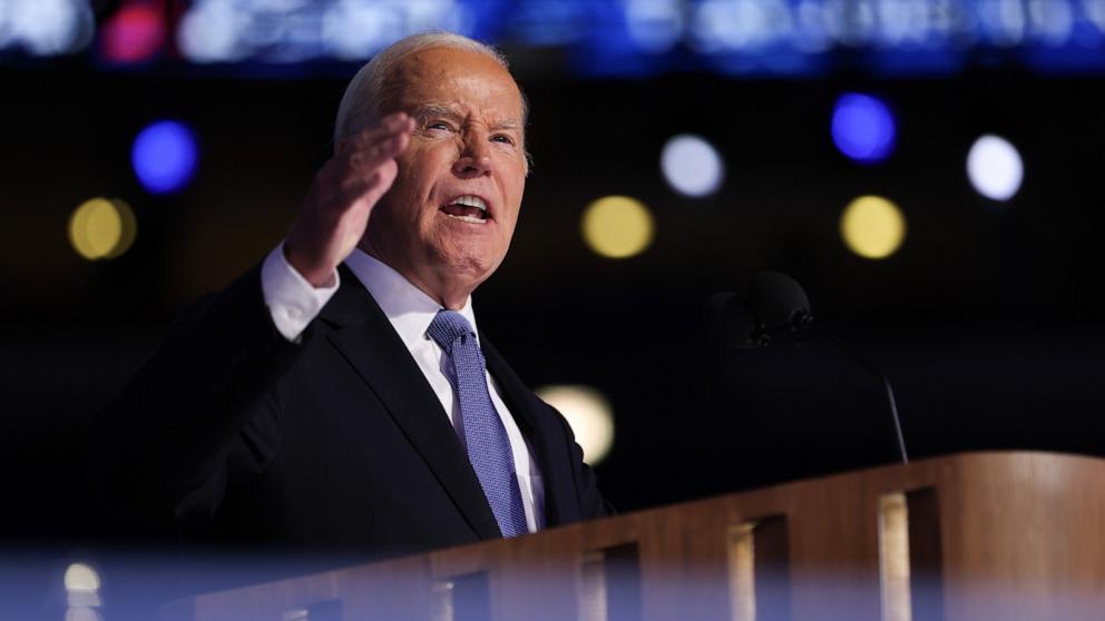 PHOTO: President Joe Biden speaks onstage during the first day of the Democratic National Convention at the United Center on Aug. 19, 2024 in Chicago.