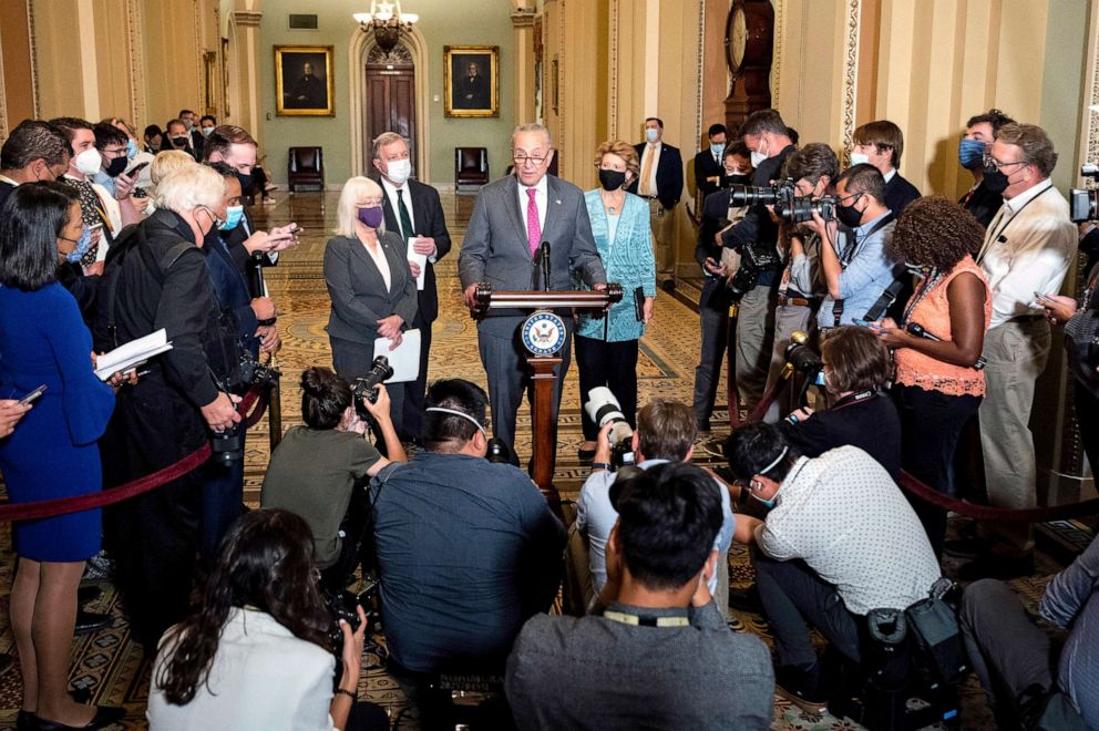 PHOTO: Senate Majority Leader Chuck Schumer speaks to reporters at the U.S. Capitol in Washington D.C., Aug. 3, 2021. Senate Democrats released a $3.5 trillion budget resolution with spending boosts and tax breaks for social and environmental programs.