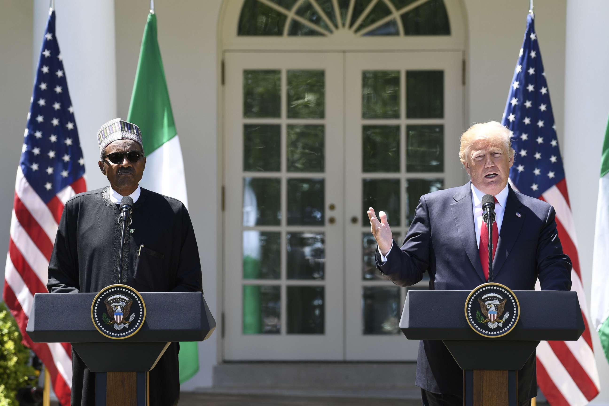 PHOTO: Nigeria's President Muhammadu Buhari and President Donald Trump hold a joint press conference in the Rose Garden at the White House in Washington, April 30, 2018.