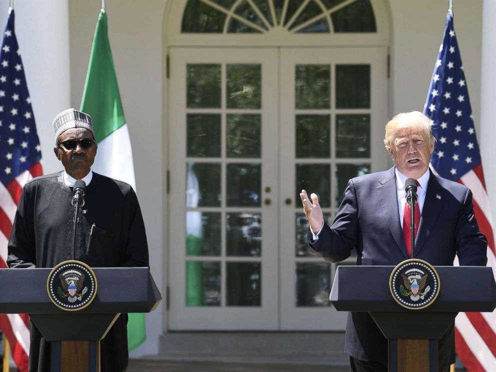 PHOTO: Nigerias President Muhammadu Buhari and President Donald Trump hold a joint press conference in the Rose Garden at the White House in Washington, April 30, 2018.