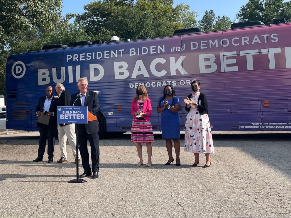 PHOTO: Virginia Democratic gubernatorial nominee Terry McAuliffe speaks at a campaign event, Aug. 12, 2021, in Alexandria, Virginia.