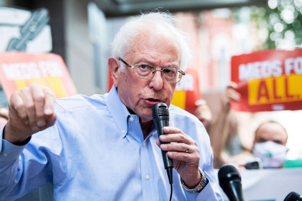 PHOTO: Sen. Bernie Sanders speaks during a rally in front of PhRMA's Washington office to protest high prescription drug prices on, Sept. 21, 2021. 