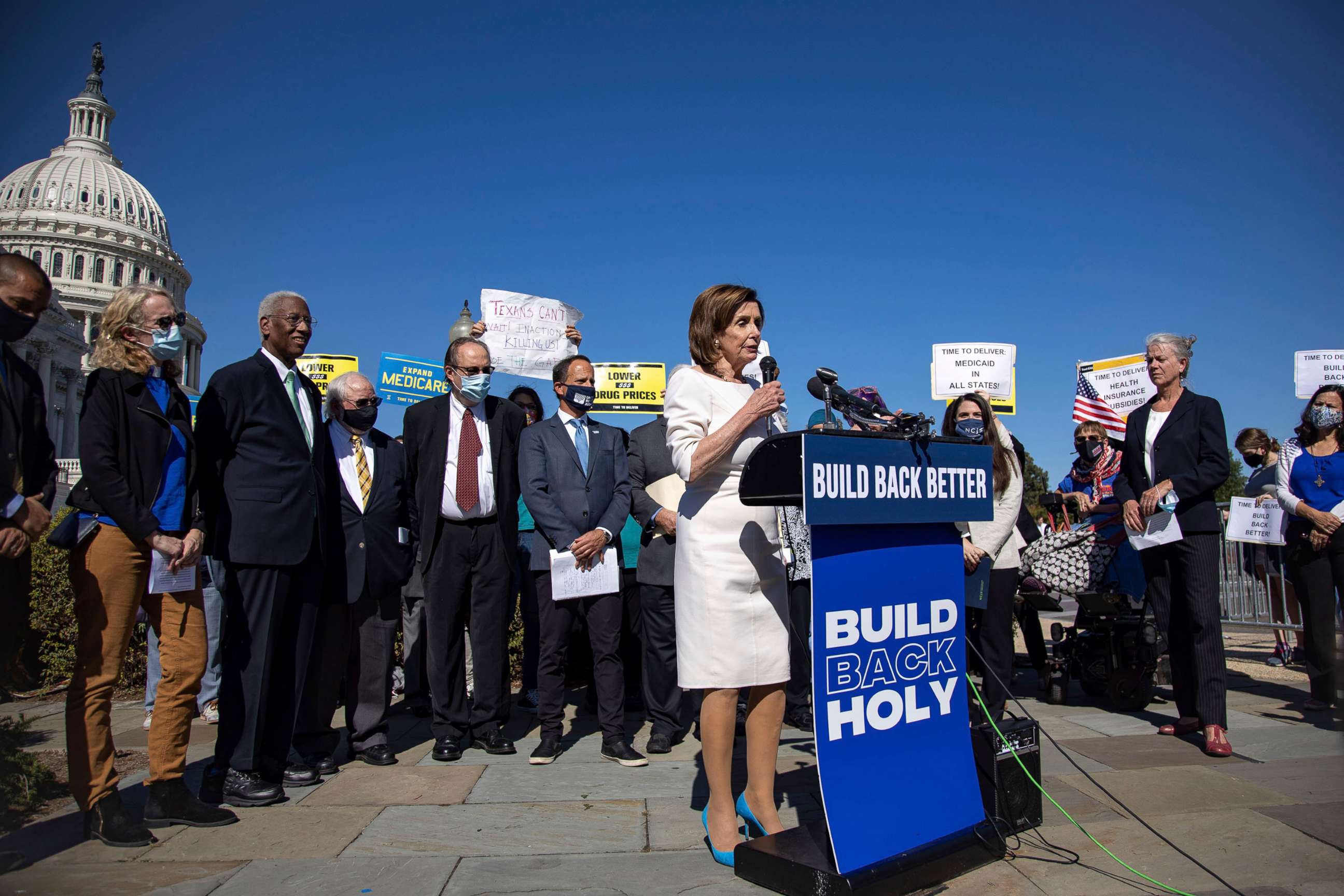 PHOTO: Speaker of the House Nancy Pelosi speaks at a press conference about healthcare and President Biden's Build Back Better plan at the Capitol, Oct. 20, 2021.