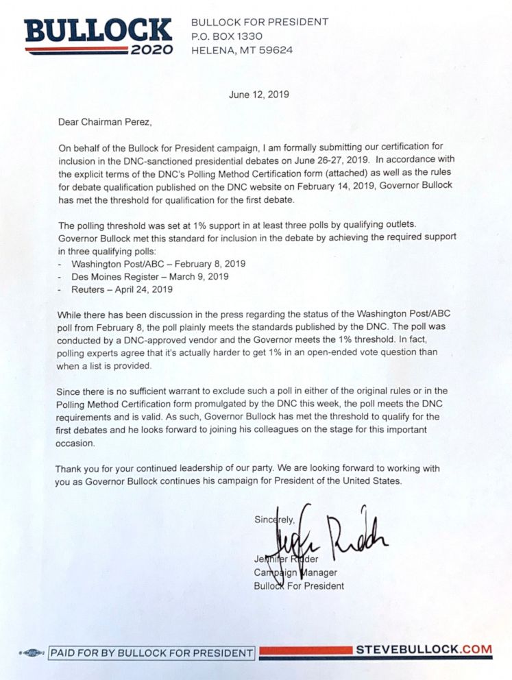 PHOTO: 2020 candidate Steve Bullock's campaign manager Jennifer Ridder wrote a letter the the DNC Wednesday night demanding that Bullock be allowed on the debate stage in June.