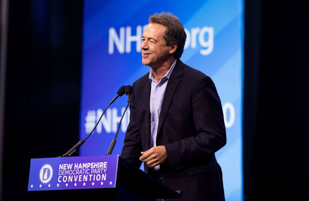 PHOTO: Democratic presidential candidate and Montana Governor Steve Bullock speaks during the New Hampshire Democratic Party Convention, Sept. 7, 2019 in Manchester, N.H.