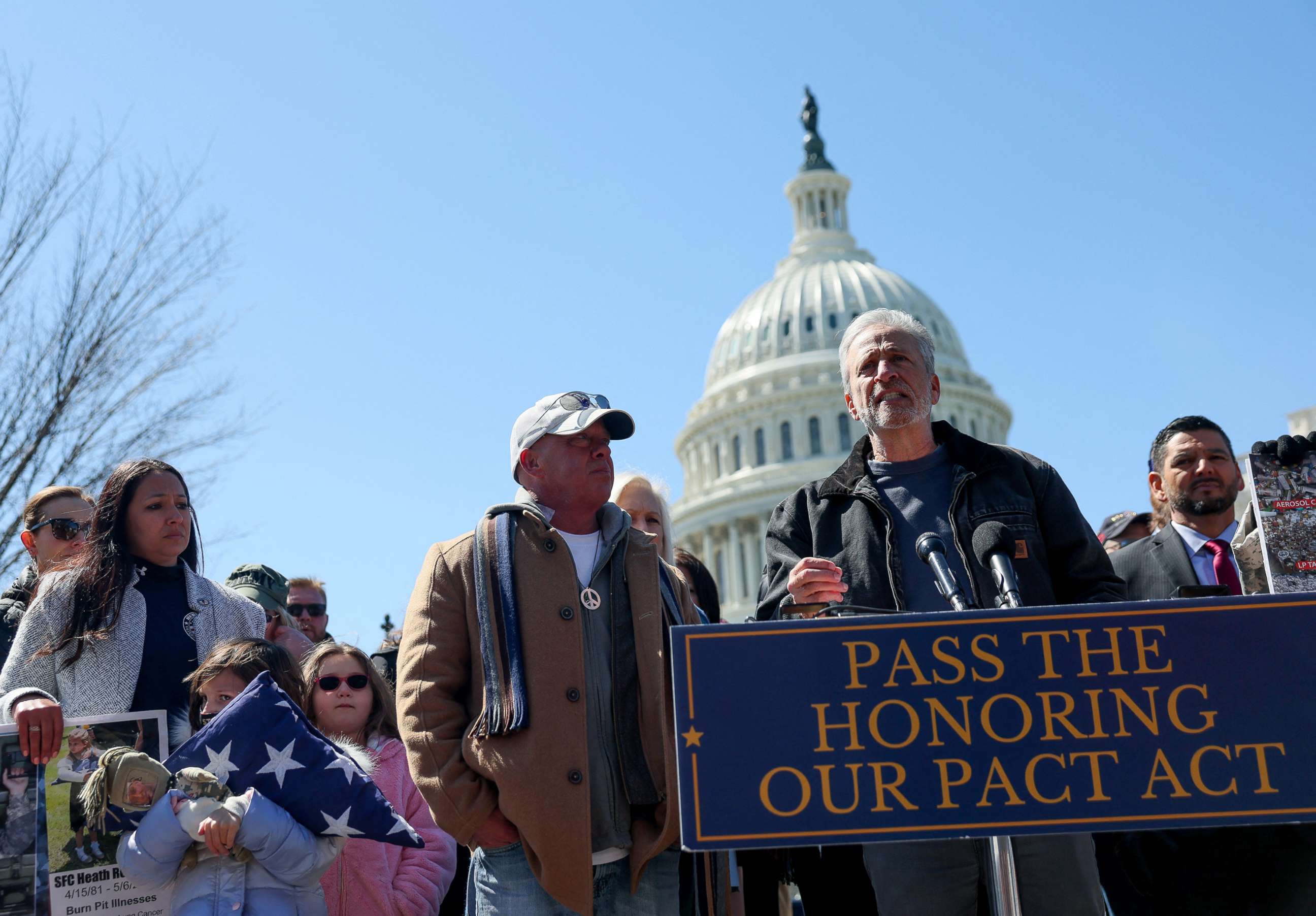 PHOTO: Veterans' Advocate Jon Stewart speaks at a press conference on the need to pass the Honoring Our PACT Act legislation to extend VA benefits outside the Capitol building, March 29, 2022. 