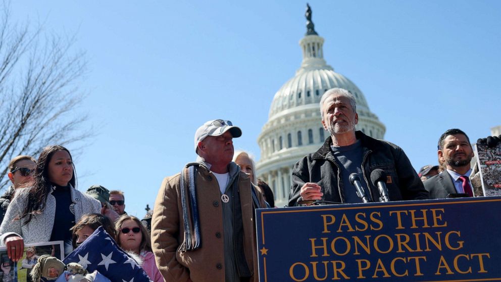 PHOTO: Veterans' Advocate Jon Stewart speaks at a press conference on the need to pass the Honoring Our PACT Act legislation to extend VA benefits outside the Capitol building, March 29, 2022. 