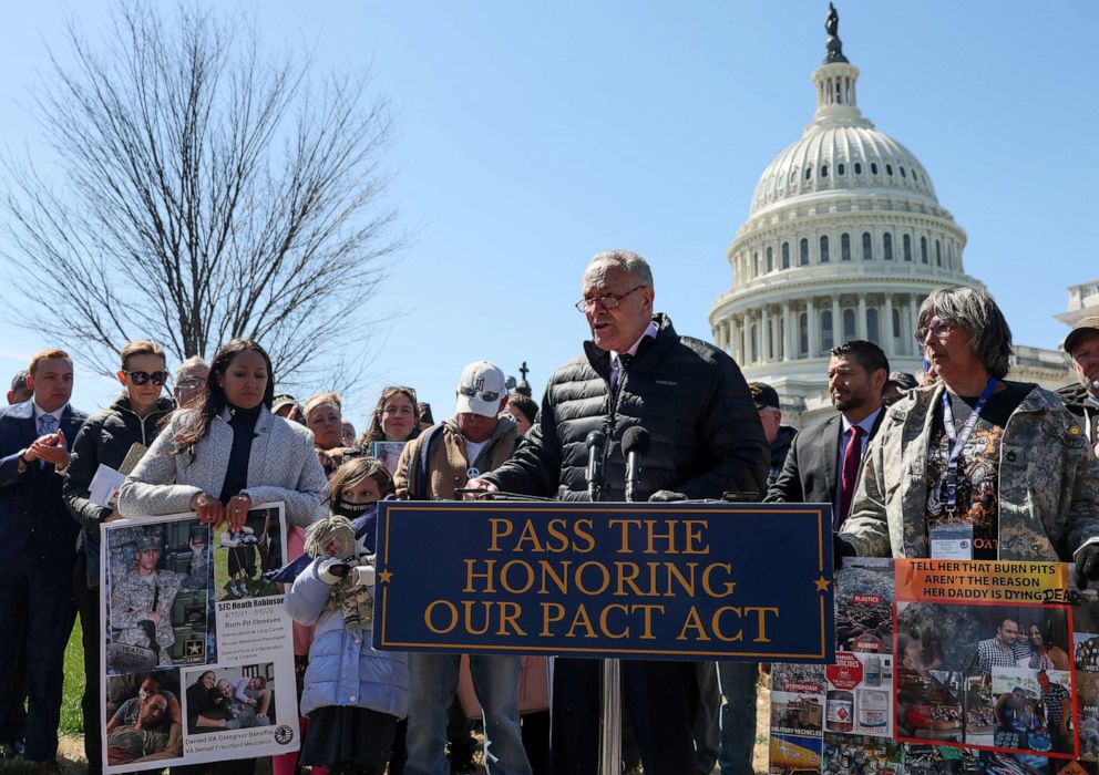 PHOTO: Senator Majority Leader Chuck Schumer joins veterans' advocates on the need to pass the Honoring Our PACT Act legislation to extend VA benefits to service members outside the Capitol, March 29, 2022.