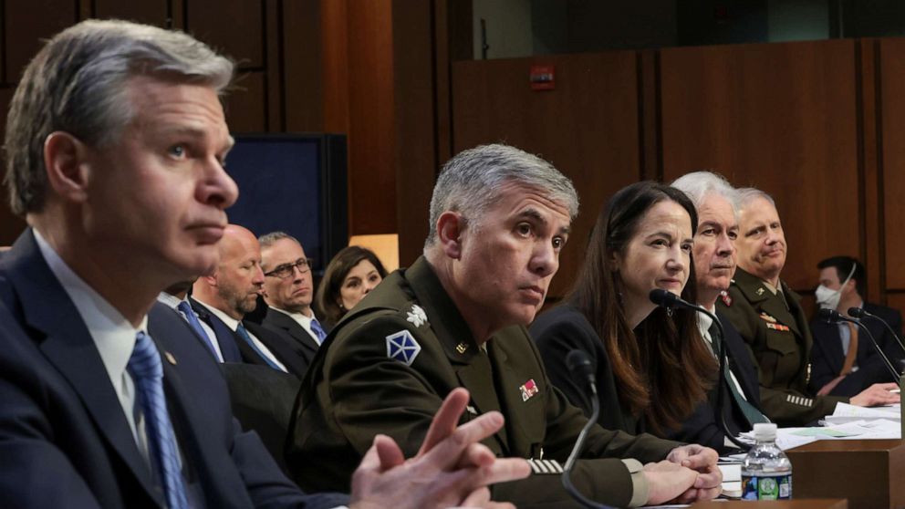 PHOTO: Intelligence chiefs including FBI Director Christopher Wray, Director of National Intelligence Avril Haines and CIA Director William Burns testify before the Senate Intelligence Committee on Capitol Hill, March 10, 2022, in Washington, DC.