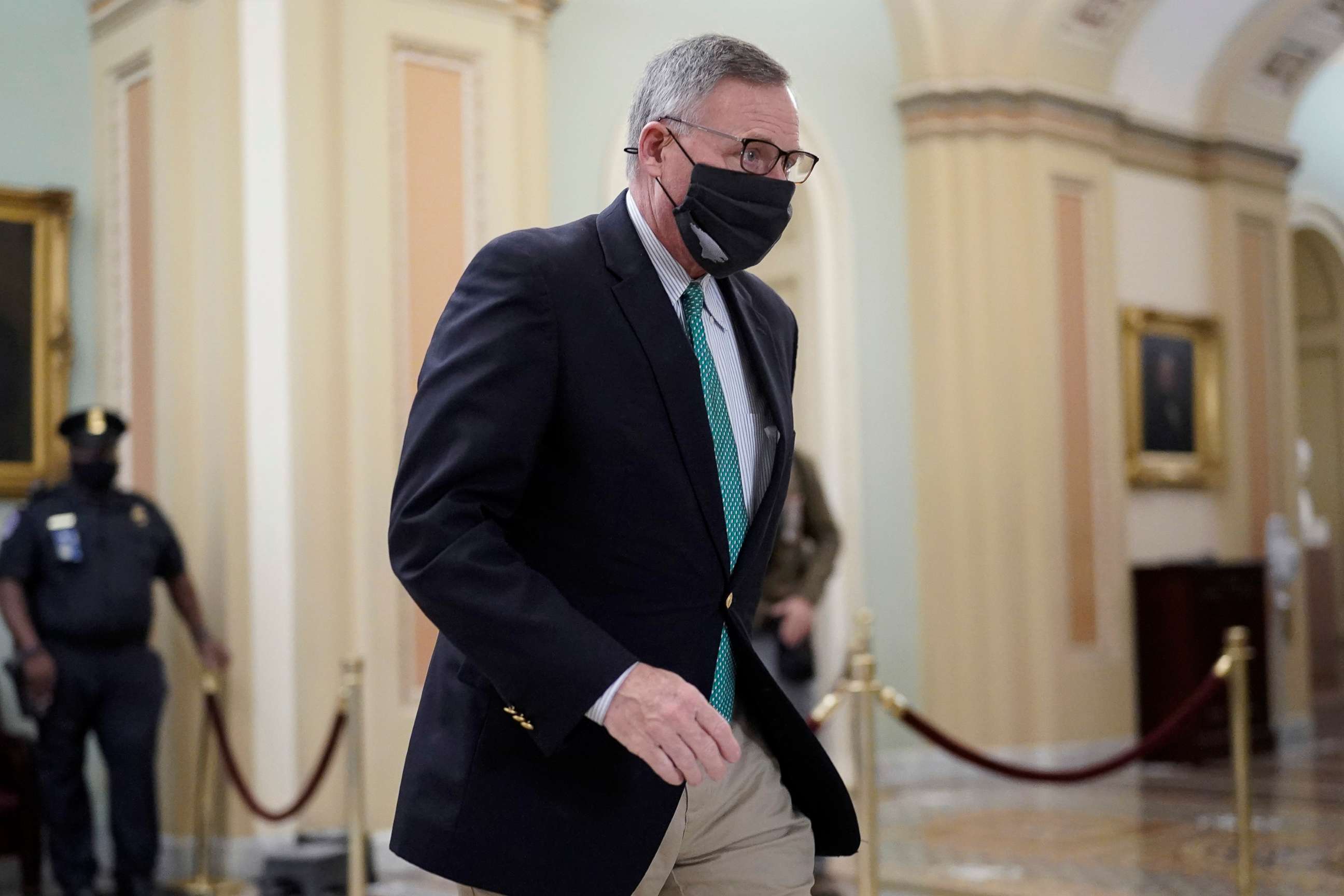 PHOTO: Sen. Richard Burr walks in the Capitol as the Senate proceeds in a rare weekend session for final arguments in the second impeachment trial of former President Donald Trump, at the Capitol in Washington, D.C., Feb. 13, 2021.