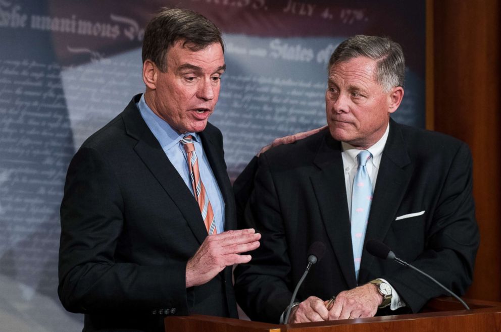 PHOTO: Mark Warner and Richard Burr hold a news conference in the Capitol, March 29, 2017.