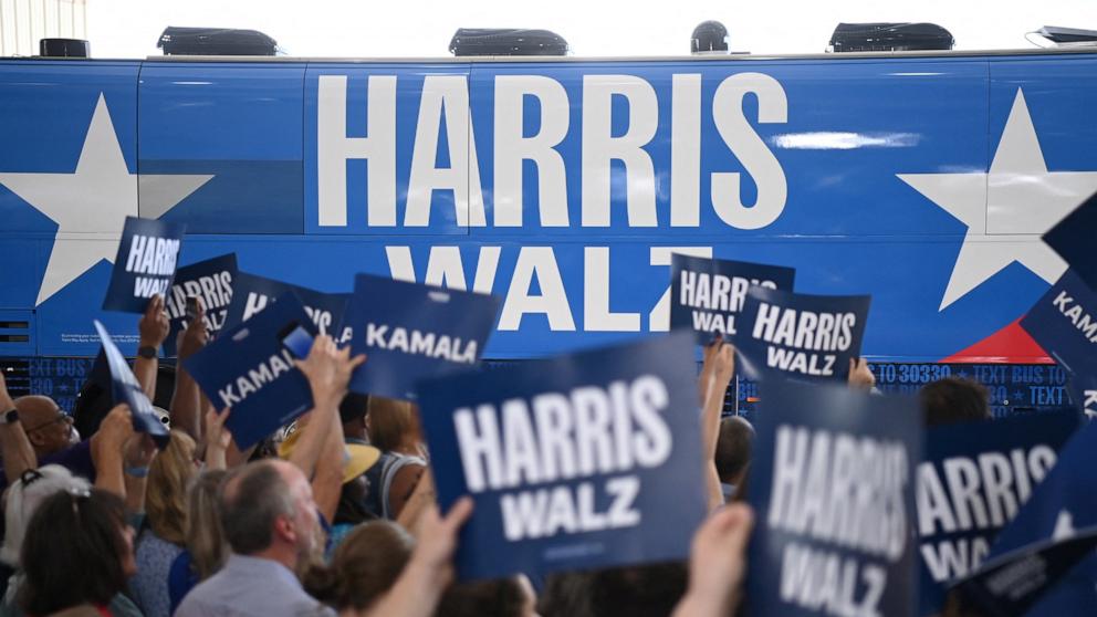 PHOTO: Supporters holding signs wait for the arrival of Democratic presidential candidate and U.S. Vice President Kamala Harris and her vice presidential running mate Minnesota Governor Tim Walz, in Pittsburgh, Penn., Aug. 18, 2024.