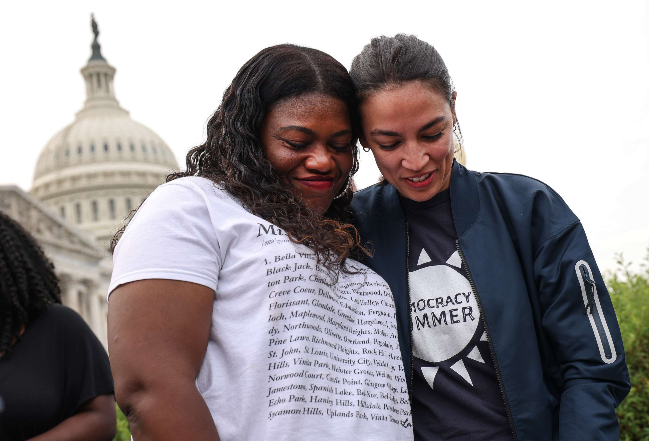 PHOTO: U.S. Reps. Cori Bush, D-Mo., and Alexandria Ocasio-Cortez, D-N.Y., embrace during a rally on the eviction moratorium at the U.S. Capitol on Aug. 3, 2021, in Washington, D.C.