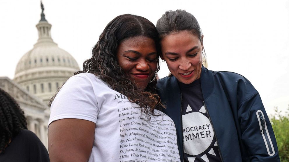 PHOTO: U.S. Reps. Cori Bush, D-Mo., and Alexandria Ocasio-Cortez, D-N.Y., embrace during a rally on the eviction moratorium at the U.S. Capitol on Aug. 3, 2021, in Washington, D.C.