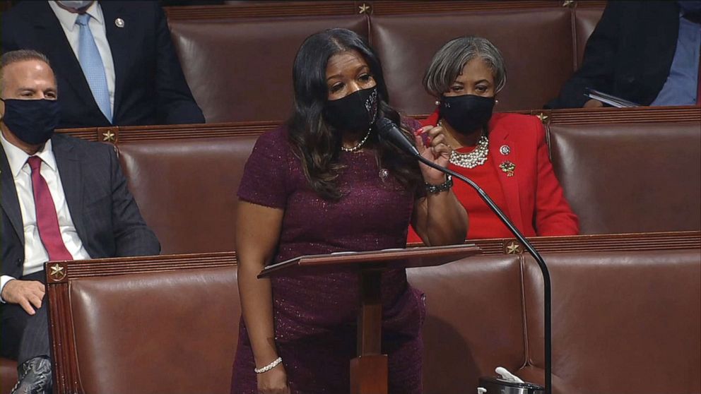 PHOTO: Newly elected Rep. Cori Bush speaks during the impeachment debate on the House floor, Jan. 13, 2021, at the U.S. Capitol.