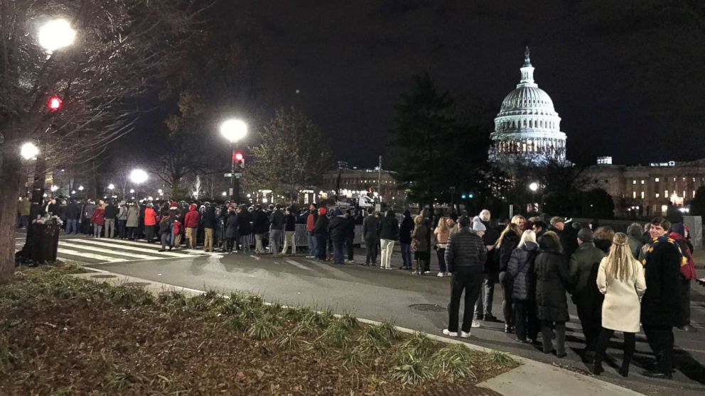 PHOTO: Thousands remained lined up at 12:30 a.m. in 35-degree weather to see President George H.W. Bush lie in state in the Capitol Rotunda on Wednesday, Dec. 5, 2018.