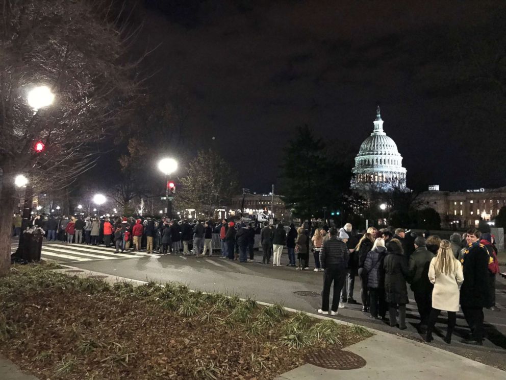 PHOTO: Thousands remained lined up at 12:30 a.m. in 35-degree weather to see President George H.W. Bush lie in state in the Capitol Rotunda on Wednesday, Dec. 5, 2018.