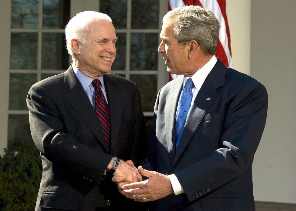 PHOTO: Republican presidential candidate John McCain shakes hands with President George W. Bush after receiving his endorsement in the Rose Garden of the White House,March 5, 2008.