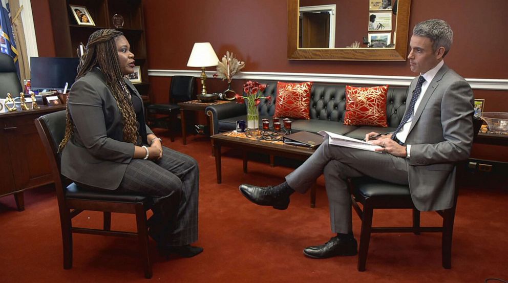 PHOTO: Rep. Cori Bush, left, talks to ABC's Devin Dwyer, right.