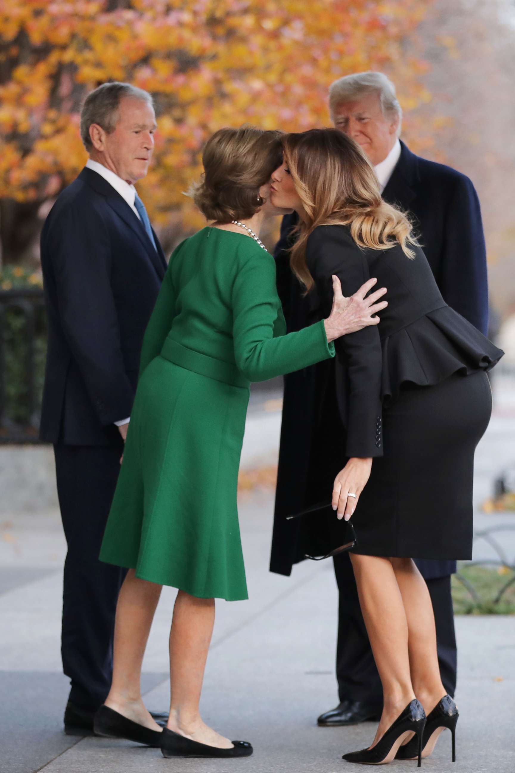 PHOTO: Former first lady Laura Bush and former President George W. Bush greet President Donald Trump and first lady Melania Trump outside of Blair House, Dec. 04, 2018 in Washington.