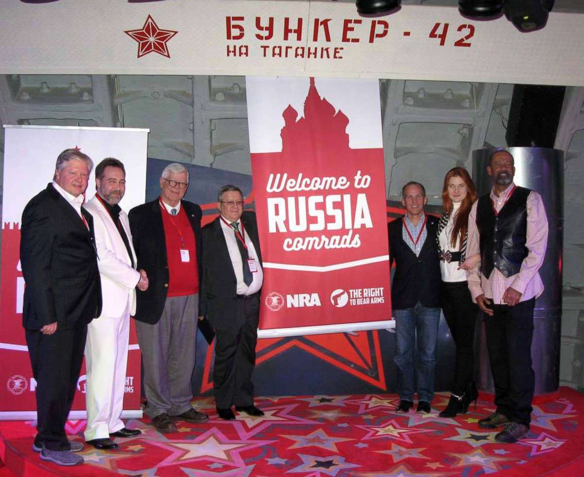 PHOTO: In a December 2015 Facebook post, a Russian gun-rights enthusiast praised "the American approach to regulating weapons" and shared a photo showing high-ranking NRA members posing alongside Alexander Torshin, 4th-L, and Maria Butina, 2nd-R.