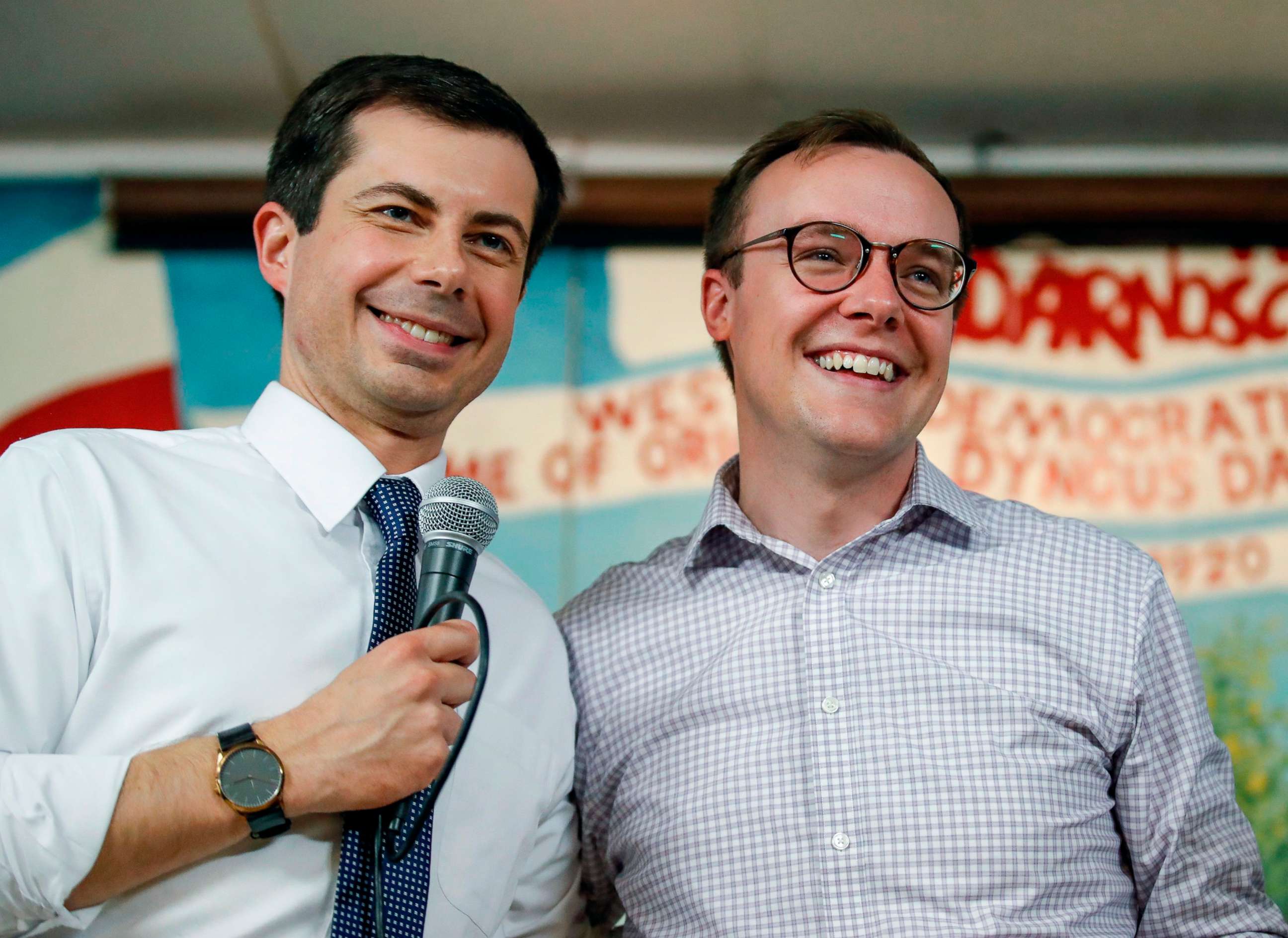 PHOTO: In this file photo taken on April 22, 2019, South Bend Mayor and Democratic presidential candidate Pete Buttigieg speaks besides husband Chasten Glezman at the West Side Democratic Club during a Dyngus Day celebration event in South Bend, Indiana.