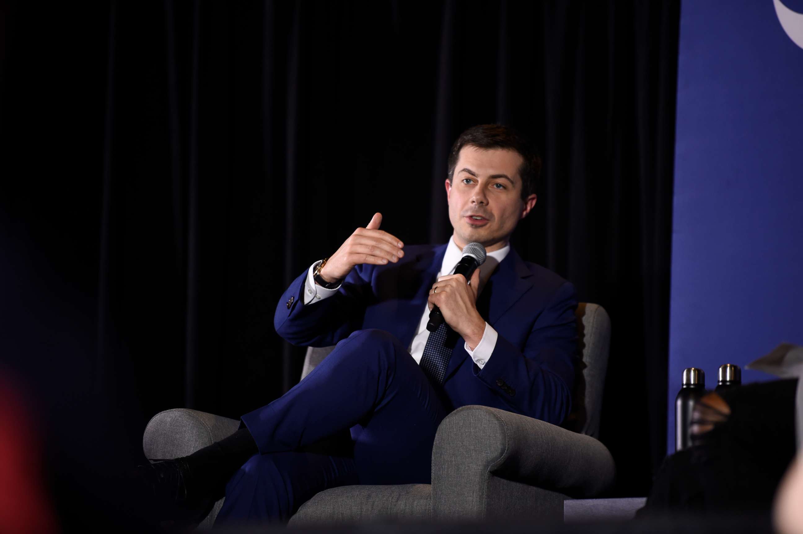 PHOTO: Democratic presidential candidate, Pete Buttigieg speaks with Charlamagne Tha God during an event on economic struggles in the black community in Moncks Corner, S.C., Jan. 23, 2020.