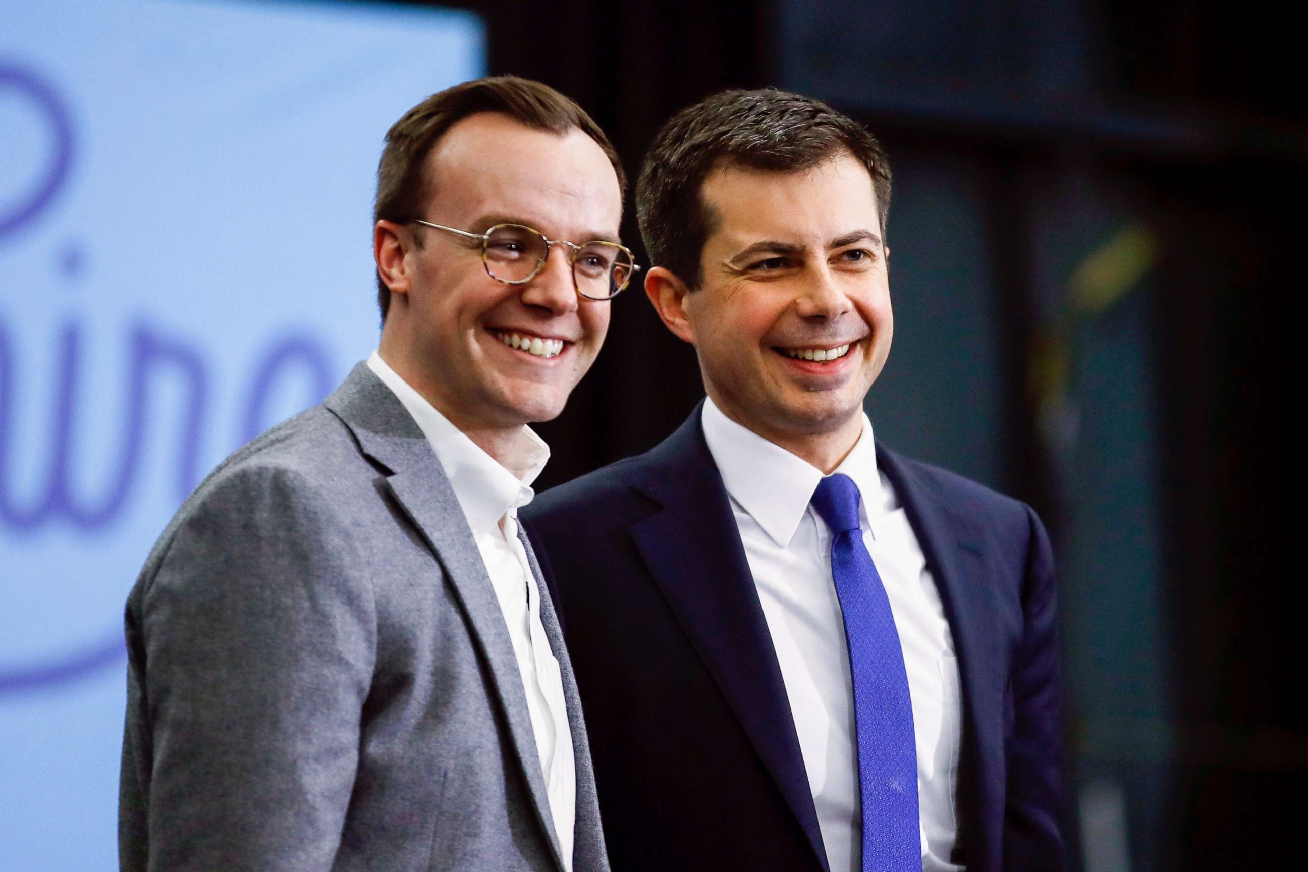 PHOTO: Former South Bend, Ind., Mayor Pete Buttigieg, right, and his husband Chasten Buttigieg acknowledge the audience at the end of a campaign event in Milford, N.H., Feb. 10, 2010.