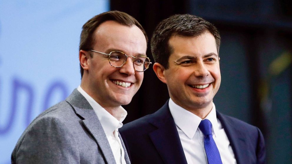 PHOTO: Former South Bend, Ind., Mayor Pete Buttigieg, right, and his husband Chasten Buttigieg acknowledge the audience at the end of a campaign event in Milford, N.H., Feb. 10, 2010.