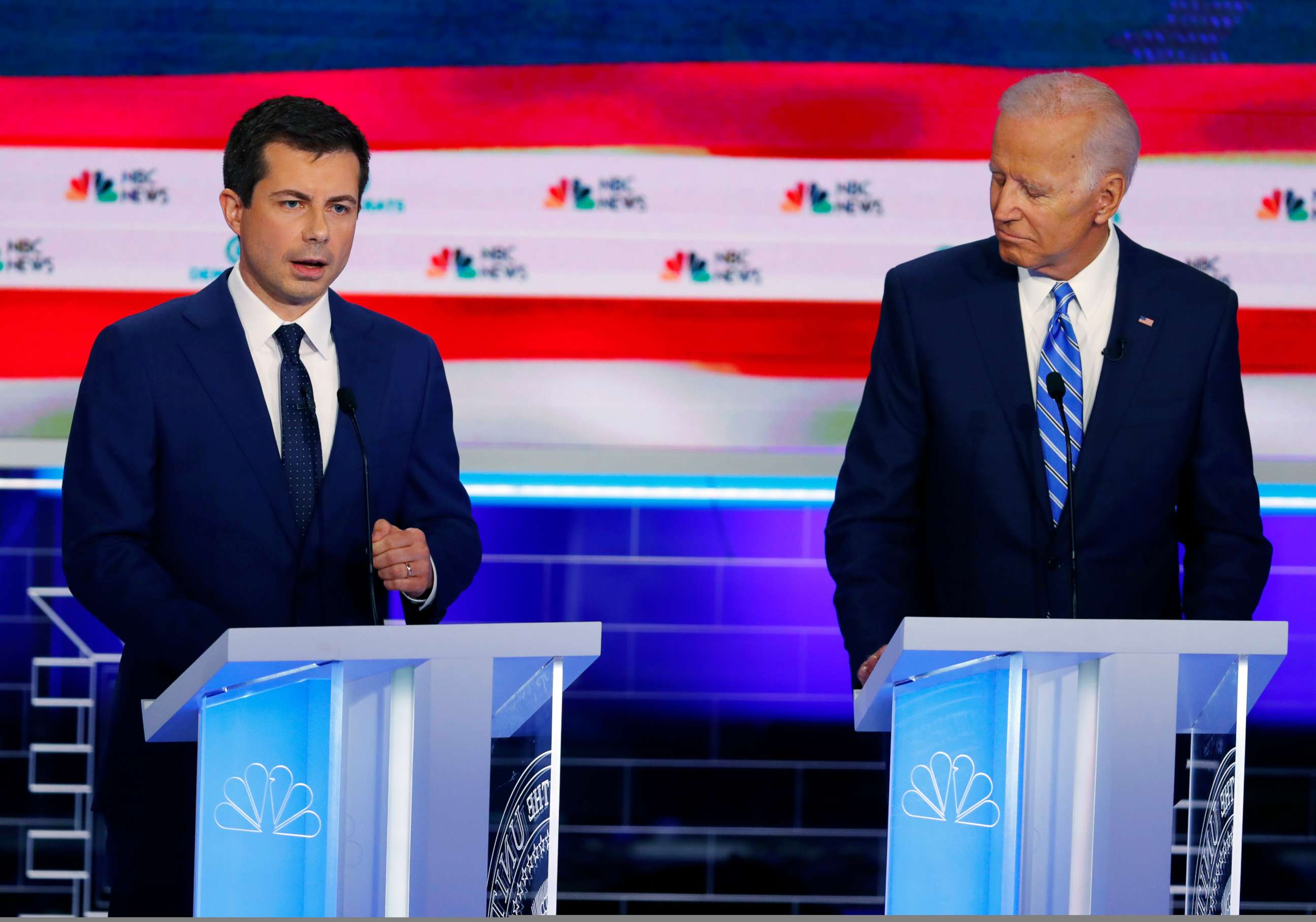 PHOTO: Pete Buttigieg and Joe Biden participate in the second night of the first 2020 democratic presidential debate at the Adrienne Arsht Center for the Performing Arts in Miami, June 27, 2019.