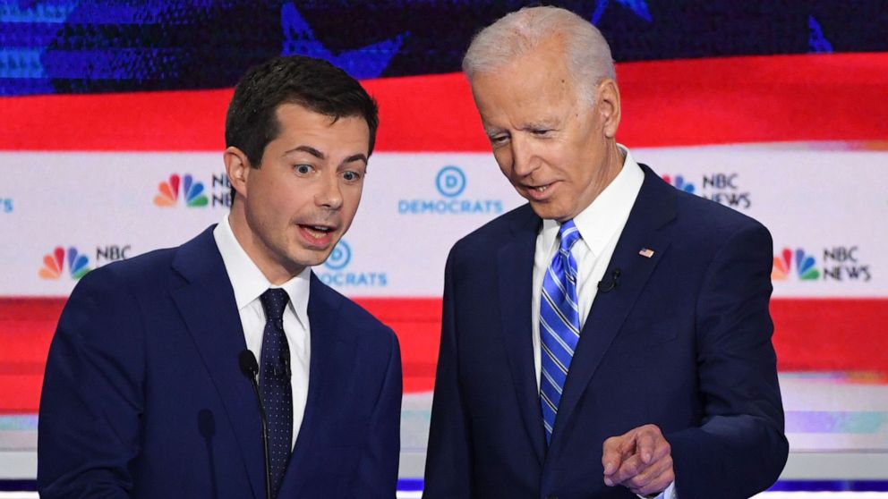 PHOTO: Pete Buttigieg and Joe Biden participate in the second night of the first 2020 democratic presidential debate at the Adrienne Arsht Center for the Performing Arts in Miami, June 27, 2019.