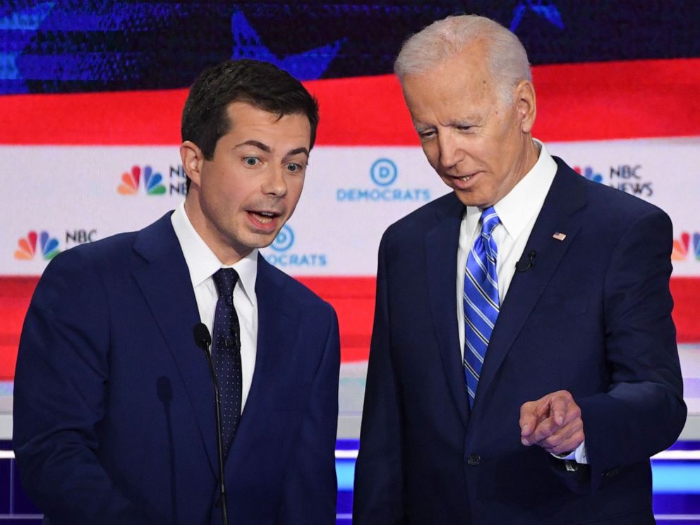 PHOTO: Pete Buttigieg and Joe Biden participate in the second night of the first 2020 democratic presidential debate at the Adrienne Arsht Center for the Performing Arts in Miami, June 27, 2019.
