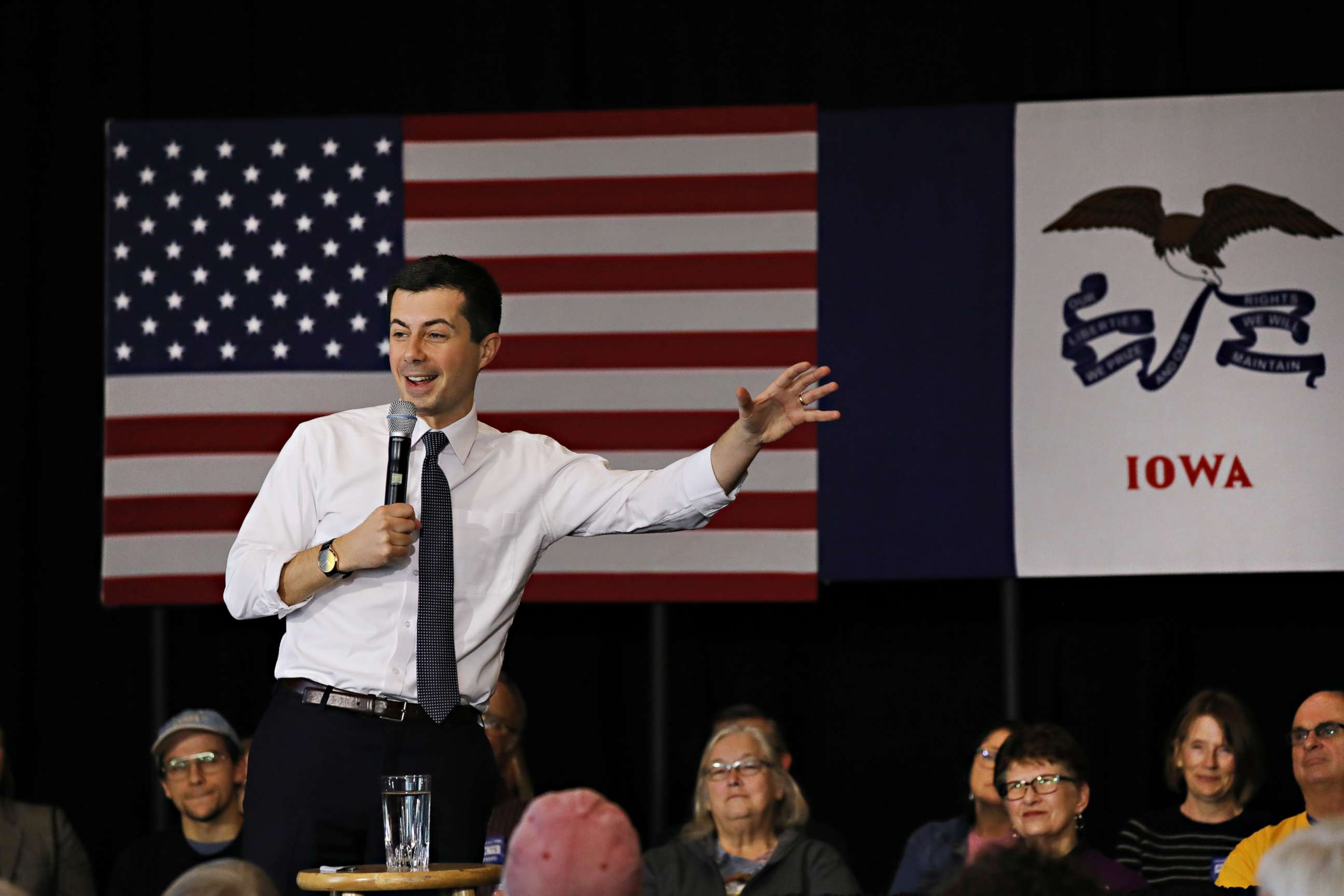 PHOTO: Democratic presidential hopeful former South Bend, Indiana mayor Pete Buttigieg makes a campaign stop at the Ed and Betty Wilcox Performing Arts Center on Jan. 16, 2020 in Algona, Iowa.