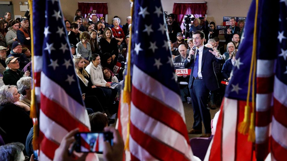 PHOTO: Democratic Ppresidential candidate Pete Buttigieg talks to voters at the Merrimack American Legion in Merrimack, New Hampshire, Feb. 2020. The first state primary in the United States' presidential election will be held in New Hampshire on Feb. 11.