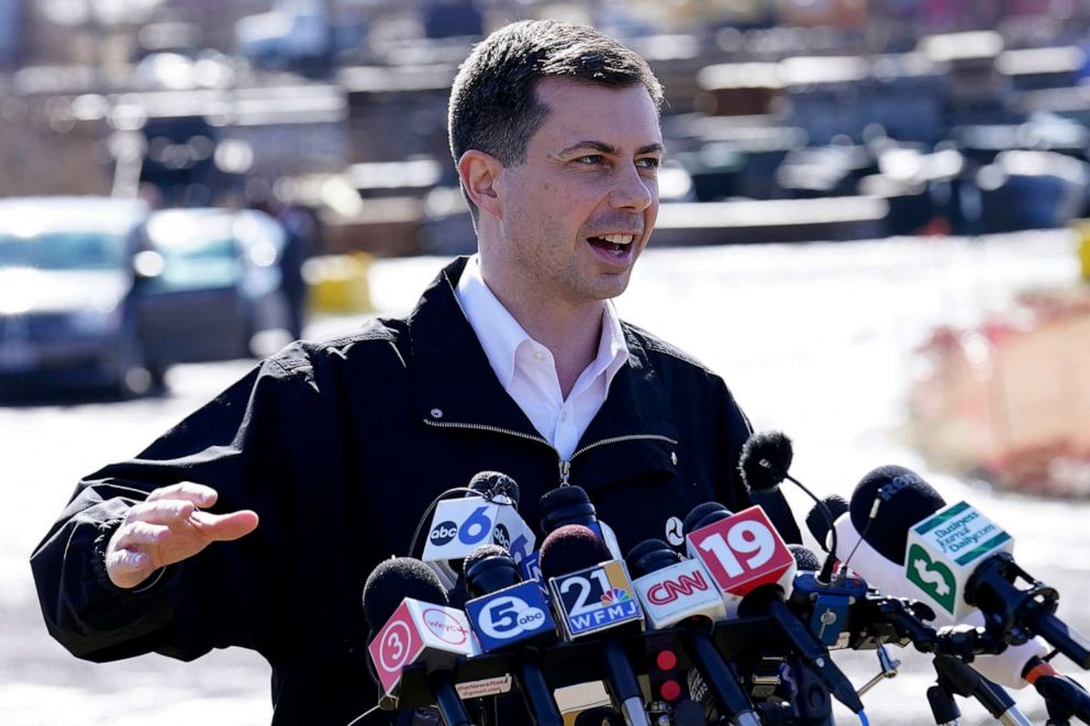 PHOTO: FILE - Transportation Secretary Pete Buttigieg speaks during a news conference, Feb. 23, 2023, near the site of the Feb. 3 Norfolk Southern train derailment in East Palestine, Ohio.