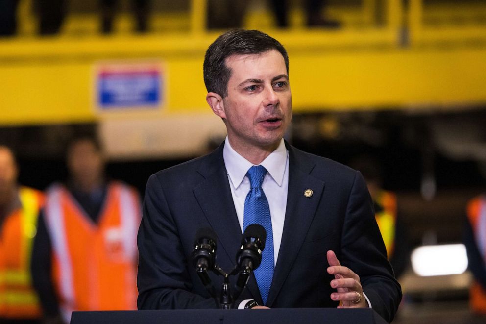 PHOTO: Transportation Secretary Pete Buttigieg gives a speech on the Hudson River tunnel project at the West Side Yard on Jan. 31, 2023, in New York City.