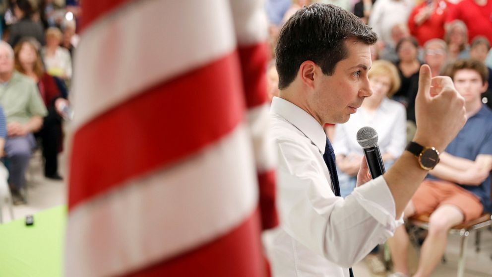 PHOTO: 2020 Democratic presidential candidate South Bend Mayor Pete Buttigieg speaks during a town hall meeting, Tuesday, April 16, 2019, in Fort Dodge, Iowa.