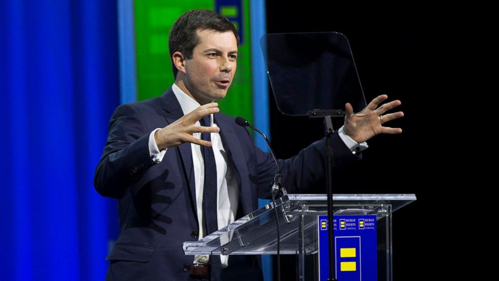 PHOTO: Democratic presidential candidate Pete Buttigieg speaks at the the Human Rights Campaign's 14th Annual Las Vegas Gala dinner on Saturday, May 11, 2019, at Caesars Palace, in Las Vegas.