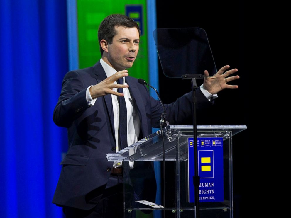 PHOTO: Democratic presidential candidate Pete Buttigieg speaks at the the Human Rights Campaign's 14th Annual Las Vegas Gala dinner on Saturday, May 11, 2019, at Caesars Palace, in Las Vegas.