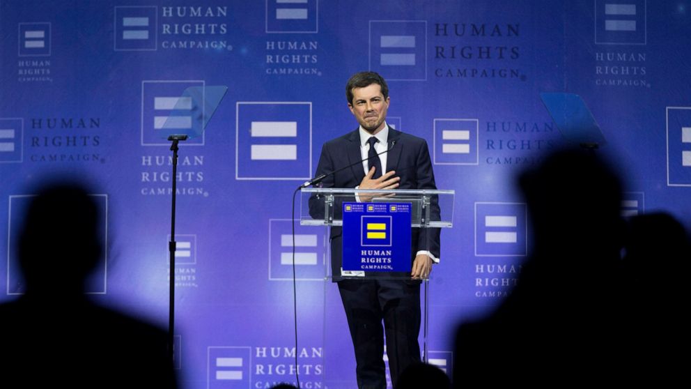PHOTO: Democratic presidential candidate Pete Buttigieg thanks the crowd at the conclusion of his speech during the Human Rights Campaign's 14th Annual Las Vegas Gala dinner at Caesars Palace, on Saturday, May 11, 2019, in Las Vegas.