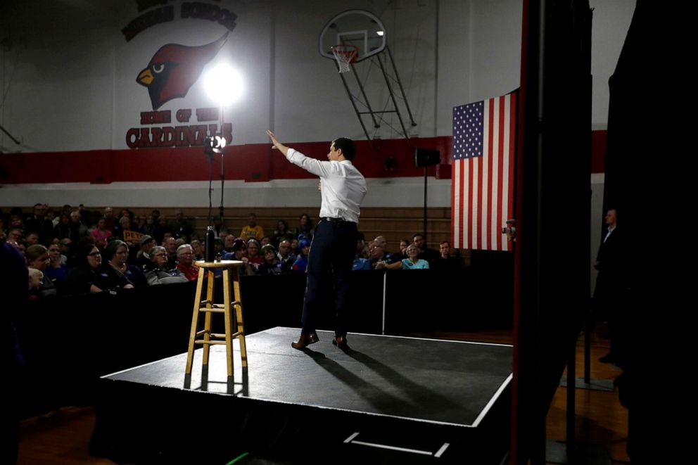 PHOTO: Democratic presidential candidate and Mayor Pete Buttigieg speaks during a campaign stop at Maquoketa Middle School in Maquoketa, Iowa, Dec. 30, 2019.