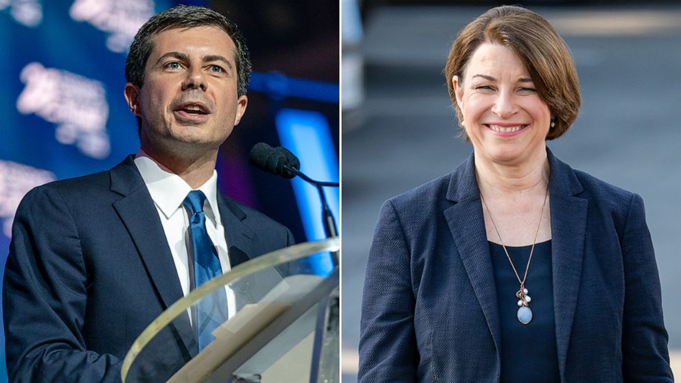 PHOTO: Mayor Pete Buttigieg speaks at the 25th Essence Festival, July 7, 2019, in New Orleans. Senator Amy Klobuchar is seen at 'Jimmy Kimmel Live' on May 28, 2019 in Los Angeles.