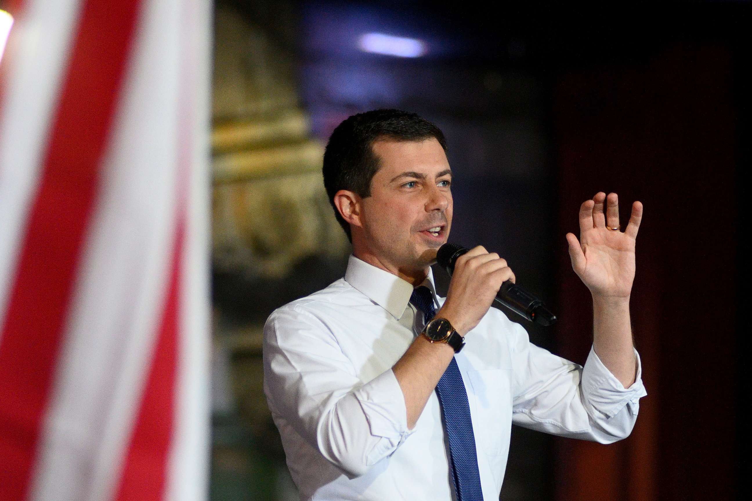 PHOTO: Democratic presidential hopeful South Bend, Indiana Mayor Pete Buttigieg speaks on the stage during a campaign rally outside the Reading Terminal Market in Center City Philadelphia, PA, on Oct. 20, 2019.