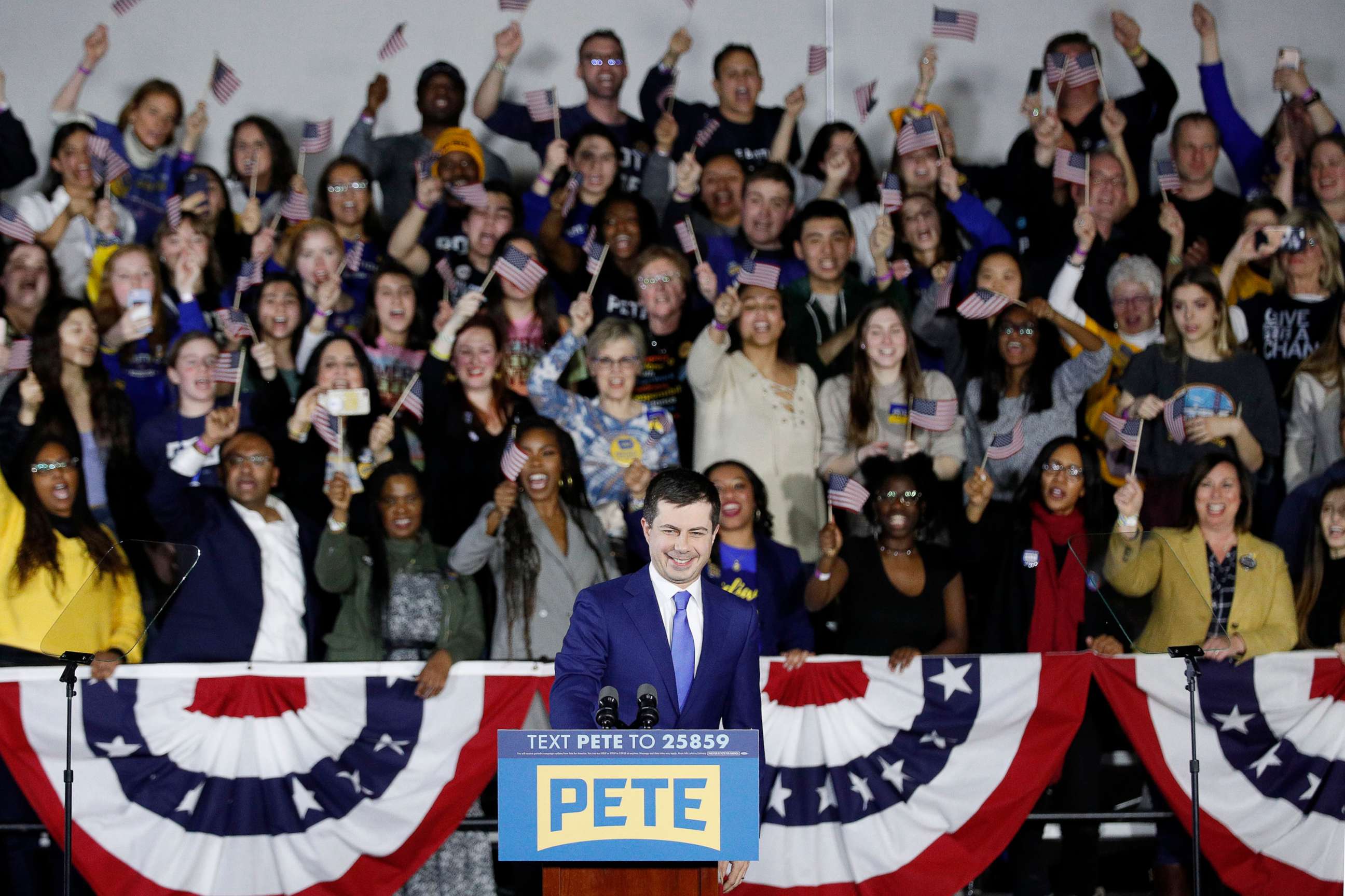 PHOTO: Democratic presidential candidate Pete Buttigieg takes the stage to address supporters during his caucus night watch party on Feb. 03, 2020, in Des Moines, Iowa.