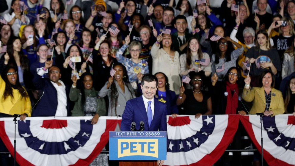PHOTO: Democratic presidential candidate Pete Buttigieg takes the stage to address supporters during his caucus night watch party on Feb. 03, 2020, in Des Moines, Iowa.