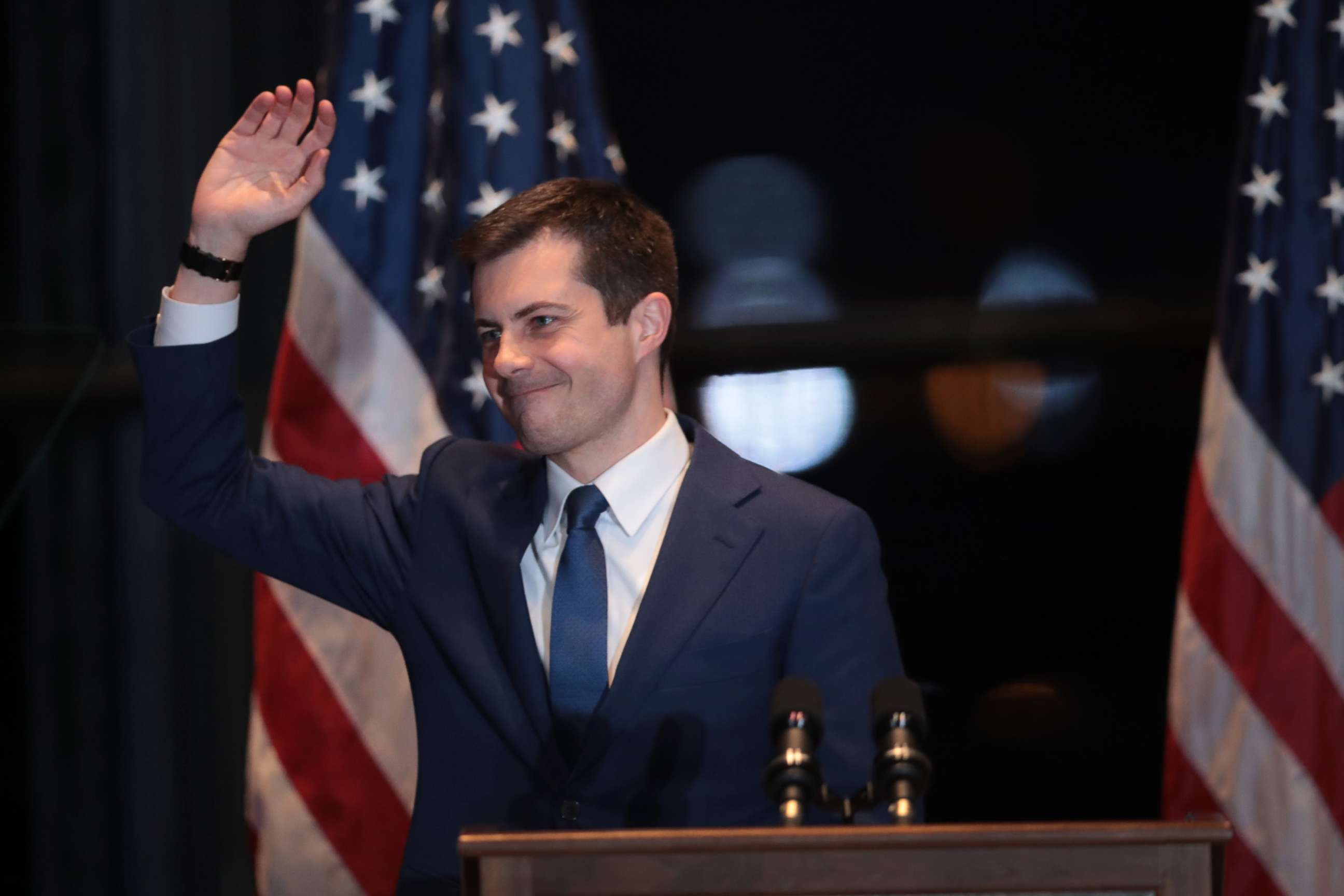PHOTO: Former South Bend, Indiana Mayor Pete Buttigieg announces he is ending his campaign to be the Democratic nominee for president during a speech at the Century Center on March 01, 2020 in South Bend, Indiana. 