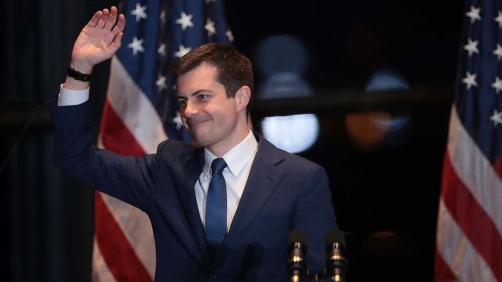 PHOTO: Former South Bend, Indiana Mayor Pete Buttigieg announces he is ending his campaign to be the Democratic nominee for president during a speech at the Century Center on March 01, 2020 in South Bend, Indiana. 