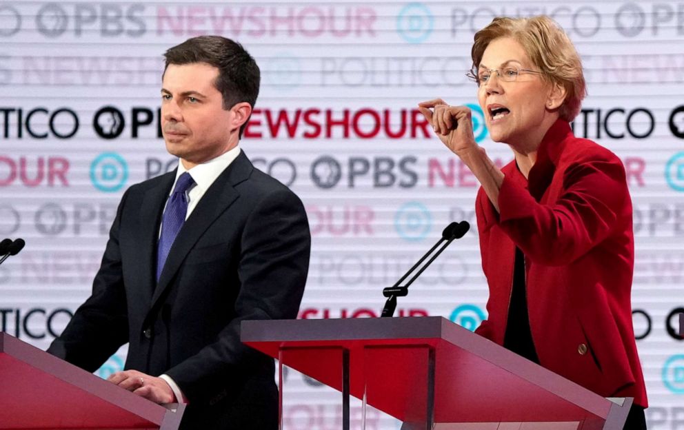 PHOTO: Sen. Elizabeth Warren criticizes South Bend, Indiana, Mayor Pete Buttigieg during the sixth 2020 U.S. Democratic presidential candidates campaign debate at Loyola Marymount University in Los Angeles on Dec. 19, 2019.